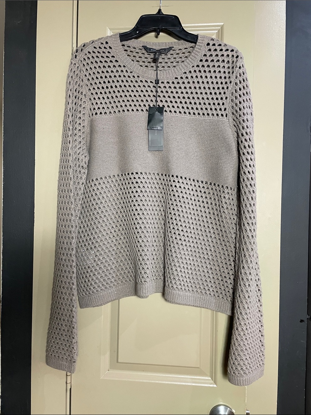 BCBGMaxAzria Taupe Open-Knit Crewneck Sweater
